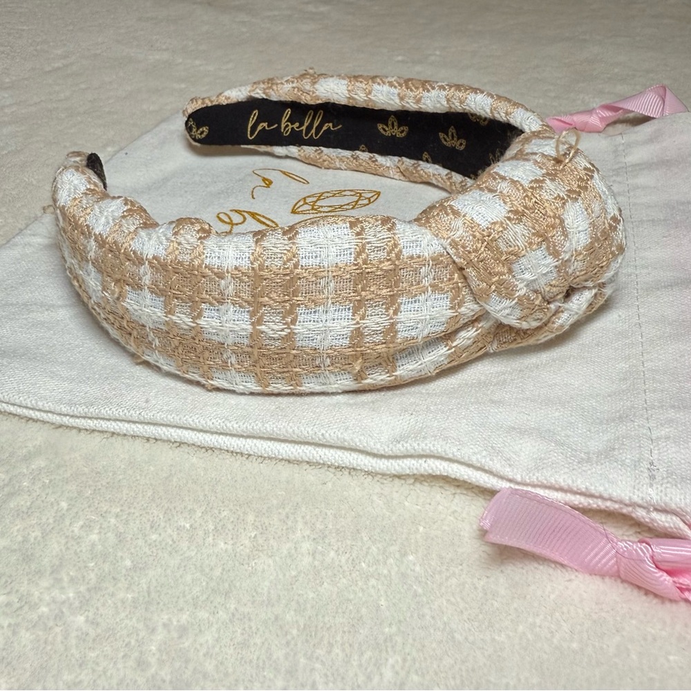La Bella Tan and White Checkered/Plaid Headband - Size: OS